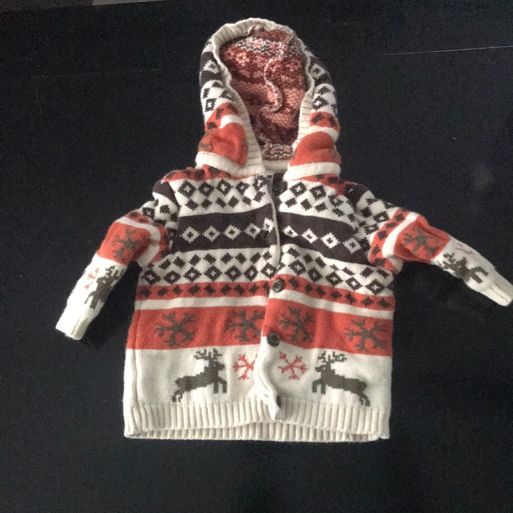 Kids Hooded Knit Cardigan Sweater - Cream & Orange Reindeer Pattern